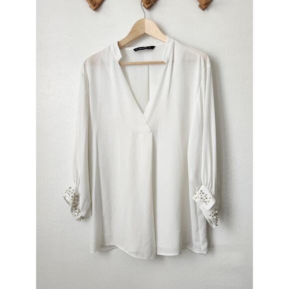 Zara womens white pearl beaded cuff flowy‎ pullover top M poet sleeves - Picture 1 of 11